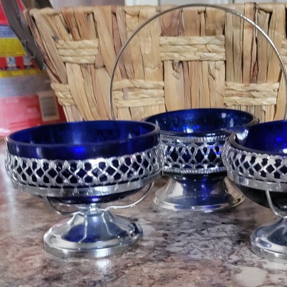 Vintage Colbalt Blue Pedestal Pierced Chrome Jam/Sugar/Creamer Set-1950s - Picture 1 of 7